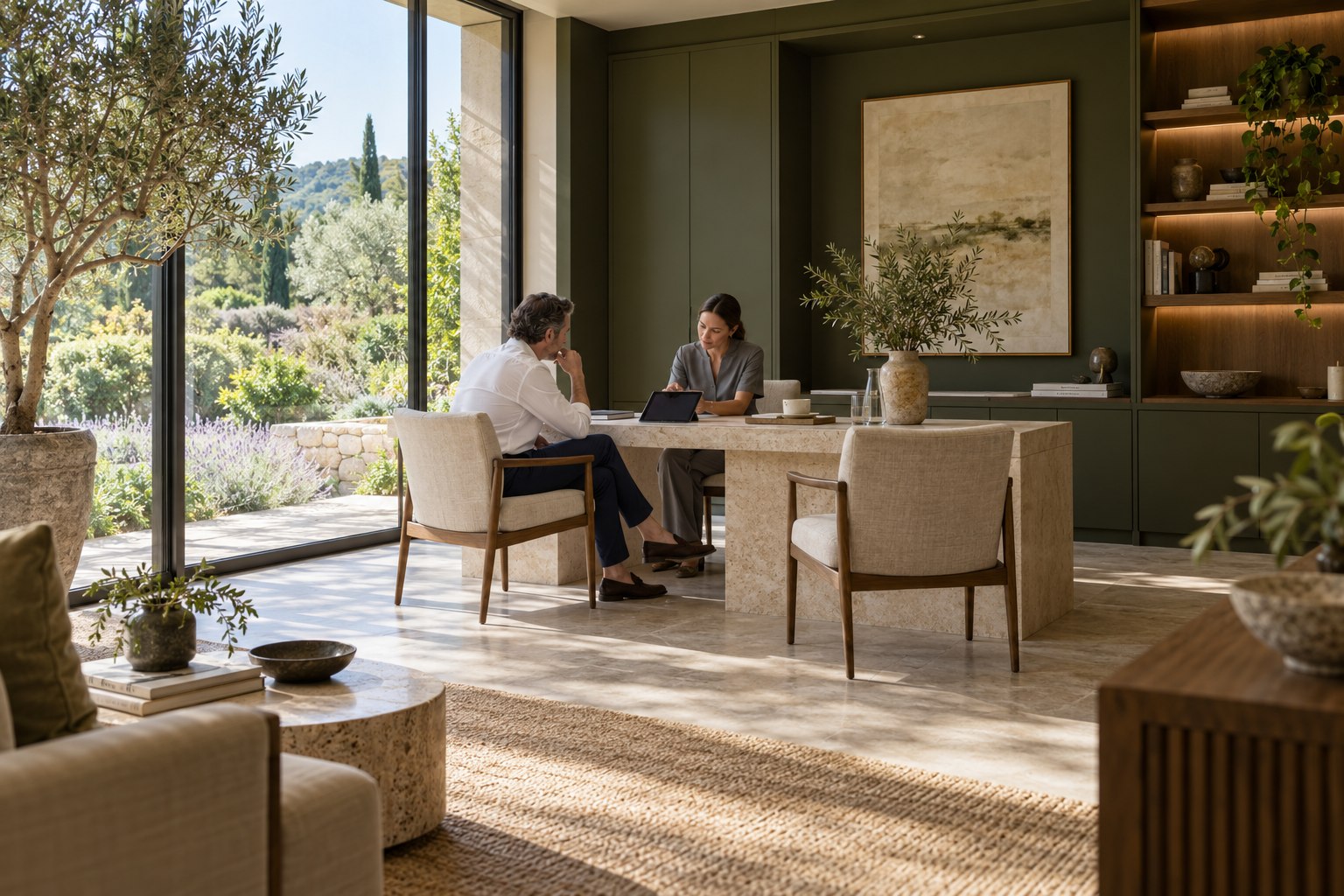A visitor and clinician reviewing a tablet in a garden-facing consultation room