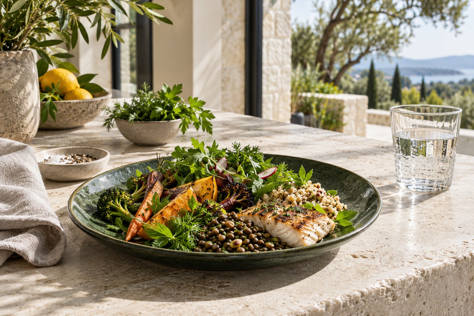 A balanced meal of vegetables, lentils, grains and fish on a green ceramic plate beside a garden window