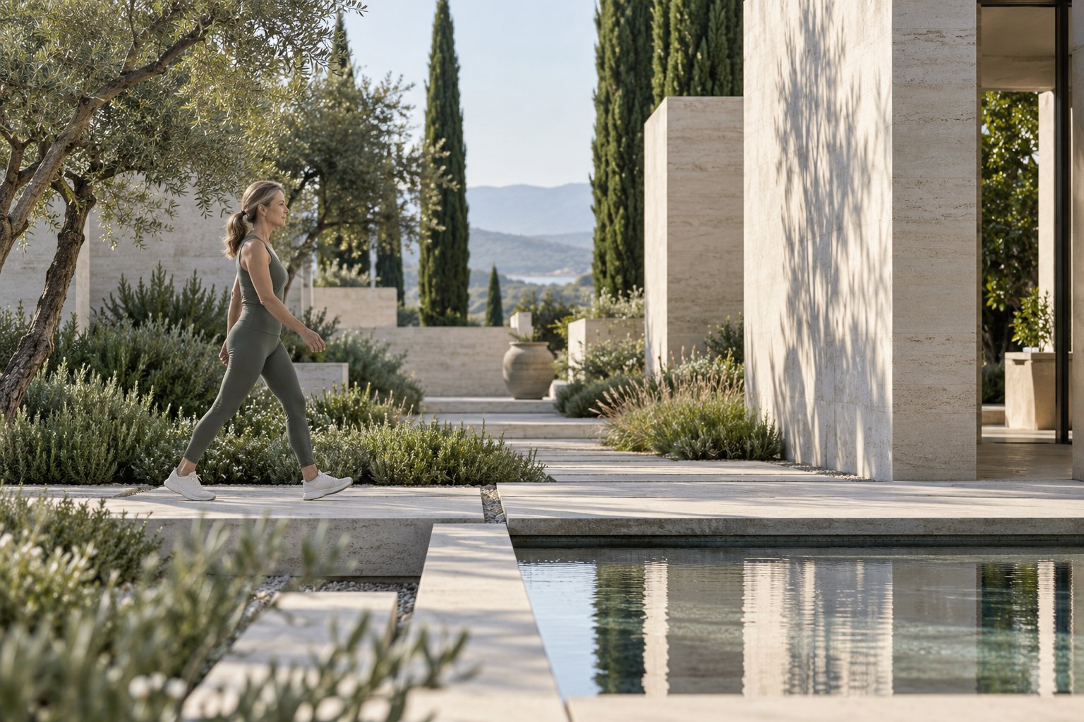 A woman walking through a sunlit architectural garden with reflecting water