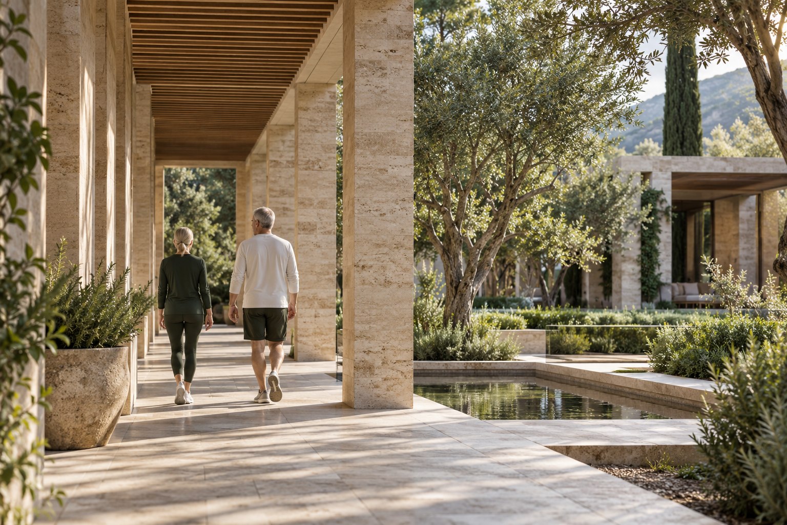 Two older adults walking through a sunlit limestone garden colonnade