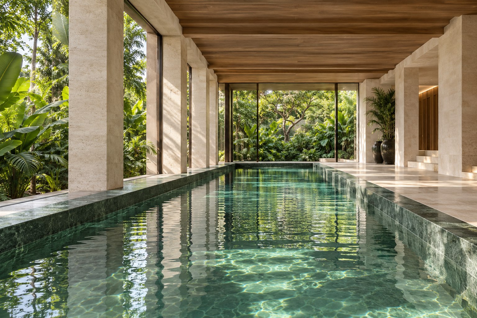 A green-water recovery pool framed by limestone columns and a garden