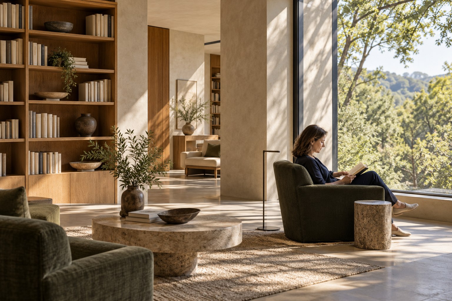 A woman reading quietly in a light-filled architectural lounge