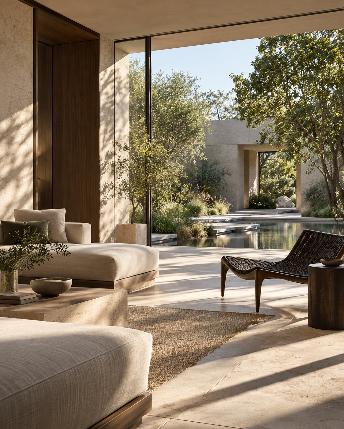 Sunlight across a limestone recovery lounge opening onto a green courtyard and reflecting pool